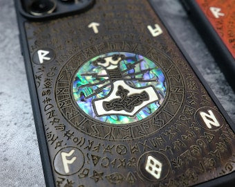 Thunderous Echoes: Mjölnir and the Runes, Wooden Case+Hand-Inlaid Mother of Pearl for Samsung Galaxy, iPhone & Google Pixel Phones