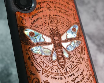 Eternal Transition: The Death Moth and Octagonal Star, Wooden Case+Hand-Inlaid Mother of Pearl for Samsung Galaxy, iPhone & Google Pixel