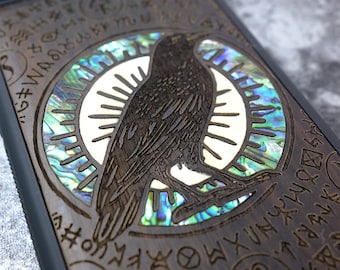 Luminary Corvid: The Haloed Crow, Wooden Case+Hand-Inlaid Mother of Pearl for Samsung Galaxy, iPhone & Google Pixel Phones