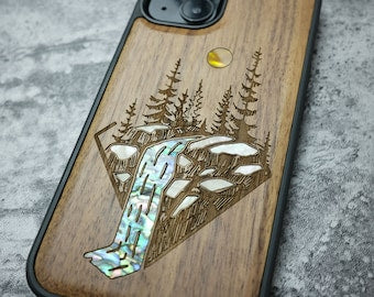 Celestial Elevation: The Floating Forest and Waterfall, Wooden Case+Hand-Inlaid Mother of Pearl for iPhone, Samsung Galaxy& Google Pixel